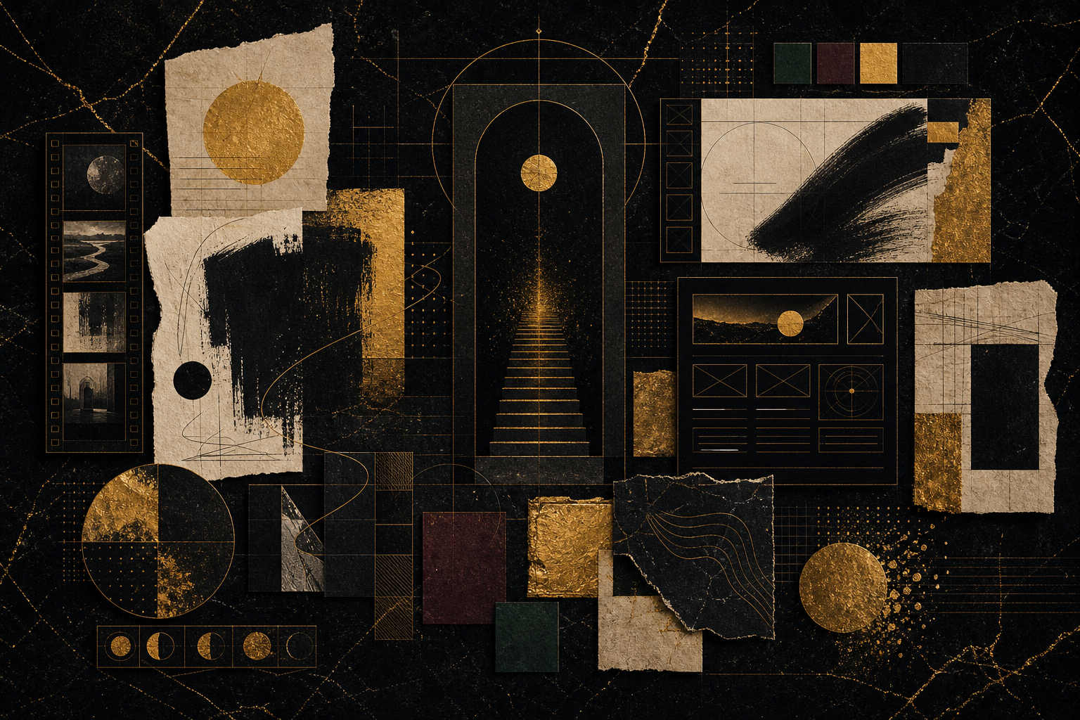An abstract project map with grids, paper texture, and brush marks.