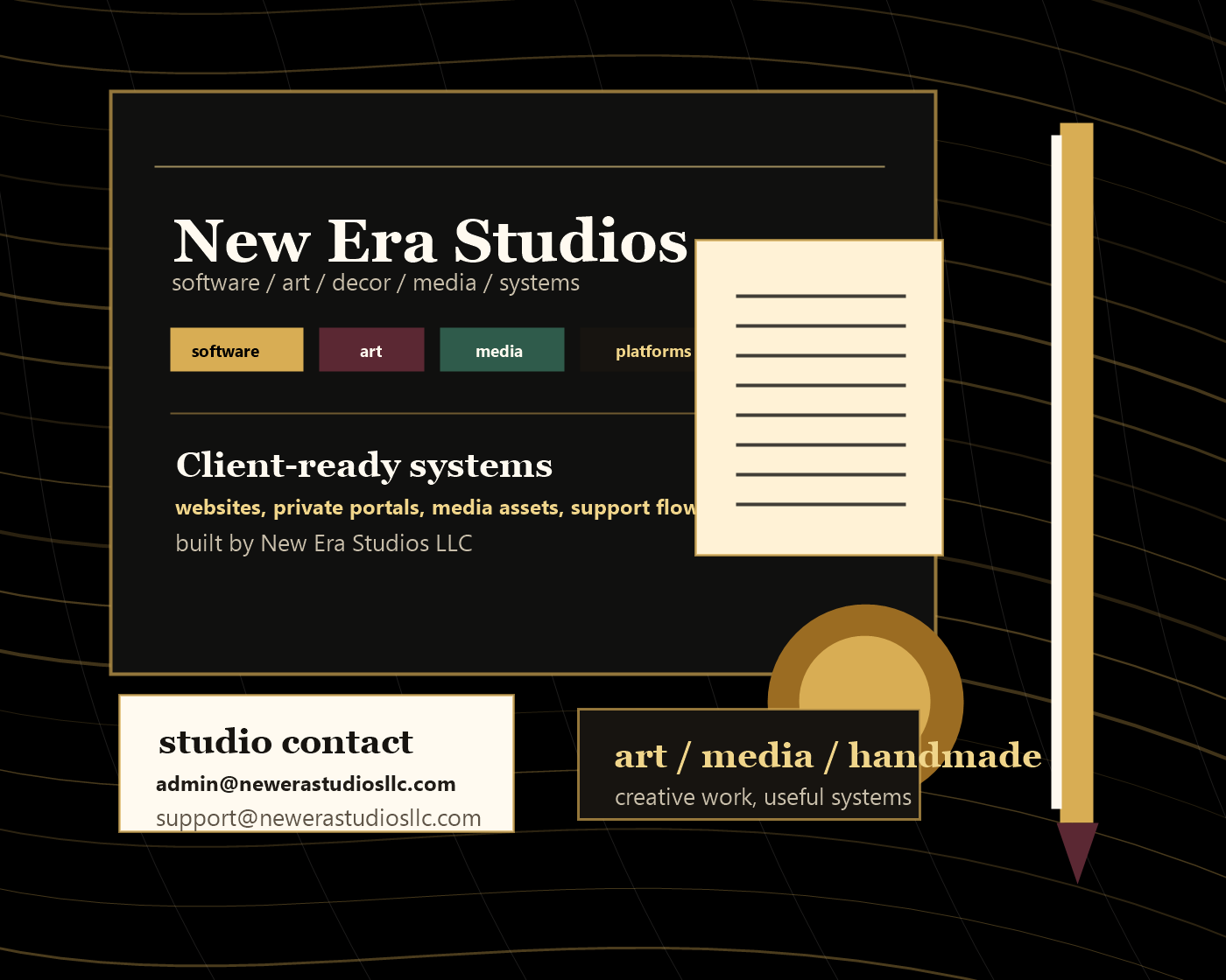 A studio planning board for software, art, decor, media, and project systems.